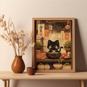 Negozio di Ramen giapponesi Gatto illustrato Stampa artistica Amante dei gatti Regalo Simpatico poster di gatti Cucina giapponese Wall Art Post Art Anime Cat