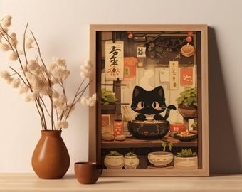 Japanese Ramen Noodle Shop Cat Illustrated Art Print Cat Lover Gift Cute Cat Poster Japanese Kitchen Wall Art Post Art Anime Cat