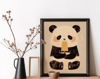 Popsicle Panda Poster, Adorable Asian Panda Eating, Kitchen Panda Wall Art, Animal Lover Popsicle Lover Panda Gift, Nursery Panda Art