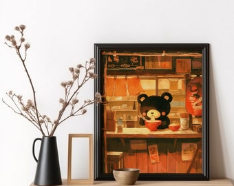 Noodle Bear Poster Tokyo Art Print Edo Period Ramen Noodles Art Japan Bear Poster Eating Hungry Bear For Kitchen Wall Art