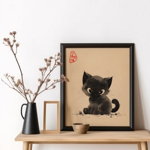 Cute Black Cat Japanese Art Print Woodblock Cat Edo Period Poster Minimalist Cat Poster Ink Black Cat Cute Wall Decor For Living Room