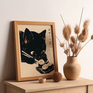 Sushi Black Cat Poster Tokyo Art Print, Oishii Cat Print, Delicious ...