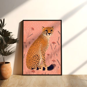 Impression d'art guépard bohème, guépard rose, léopard floral, oeuvre d'art animalière, affiche bohème, déco rose BCBG pour dortoir, art mural esthétique