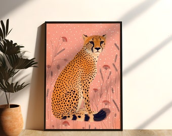 Boho Cheetah Art Print, Pink Cheetah, Floral Leopard, Animal Artwork, Boho Poster, Pink Preppy Dorm Room Decor Aesthetic Wall Art