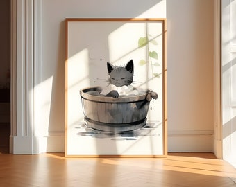 Cat Bathing Artwork Smiley Face Bath Shower *it girl* Art Black Cat Bathroom Decor Cute Trendy Bathroom Cat Art Print Relaxing Cat