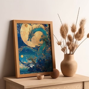 Blue and Gold Dragon Wall Art Print Poster, Dragon Art Chinese Zodiac, Vivid Colors Mythological Beast, Blue Dragon Poster