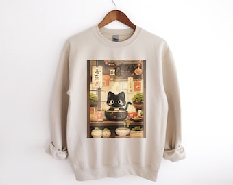 Ramen Noodles Cat Sweatshirt Cat Lover Gift Cute Ramen Kitten Japanese Cat Sweater Ramen Sweatshirts Black Cat Japanese Crewneck