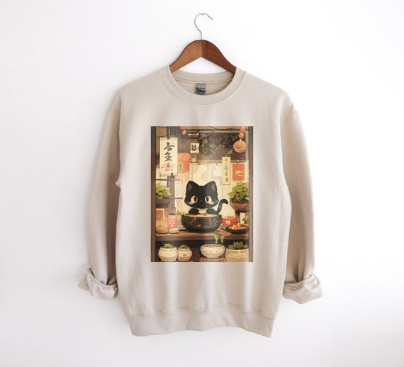 Ramen Noodles Cat Sweatshirt Cat Lover Gift Cute Ramen Kitten Japanese Cat Sweater Ramen Sweatshirts Black Cat Japanese Crewneck Etsy