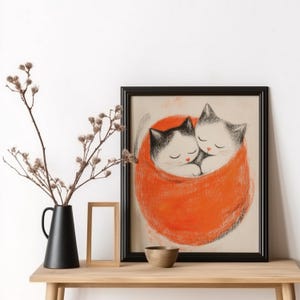 Minimalist Cat Sketch Print: Sleeping Cats in Blanket, Cozy Wall Art