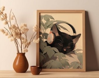May include: A black cat wearing headphones is sleeping in a bed of green leaves. The cat's eyes are closed and its mouth is slightly open. The headphones are white with orange accents.