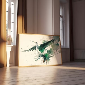 Breathtaking Japanese Crane Watercolor Print, Crane Digital Wall Art, Expressive Crane Illustration, Modern Japanese Bird Wall Art