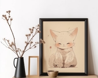 Sweet Cat in Oversized Sweater Poster Feline Winter Art Cute Cat Art Minimalist Meow Modern Japanese Illustration Cat Wall Decor