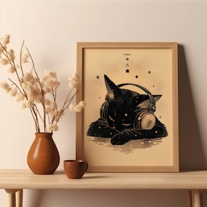 ヘッドフォン 黒猫ポスター 日本の猫が眠る星 音楽プリント 日本のウォールアート 黒猫が眠るプリント 江戸 かわいい保育園 睡眠用猫