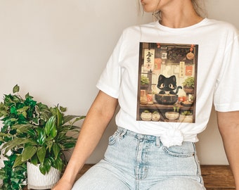 Camiseta Ramen Cat Shop, camiseta Ramen Noodles Shop, camisa japonesa de gato negro de Tokio, estética japonesa, regalo para amantes de los gatos, camiseta Miresgal