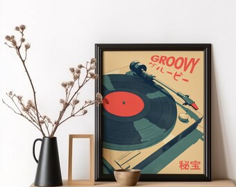 Groovy Japanese Poster Retro Music Print GURUUBII Japanese Music Wall Art Vinyl Player Art Record Player Poster Japanese Poster