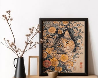 Floral Cat Art Print: Vintage Japanese Botanical Poster