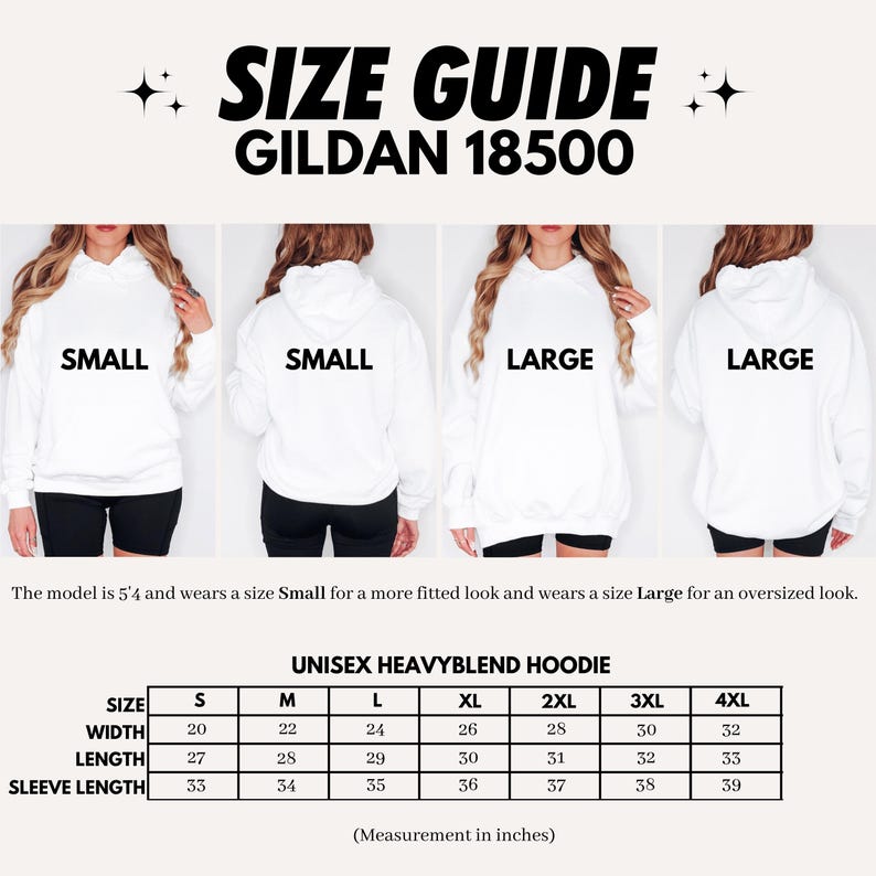 May include: Size chart for Gildan 18500 unisex heavy blend hoodies. The chart shows measurements in inches for width, length, and sleeve length for sizes S, M, L, XL, 2XL, 3XL, and 4XL.