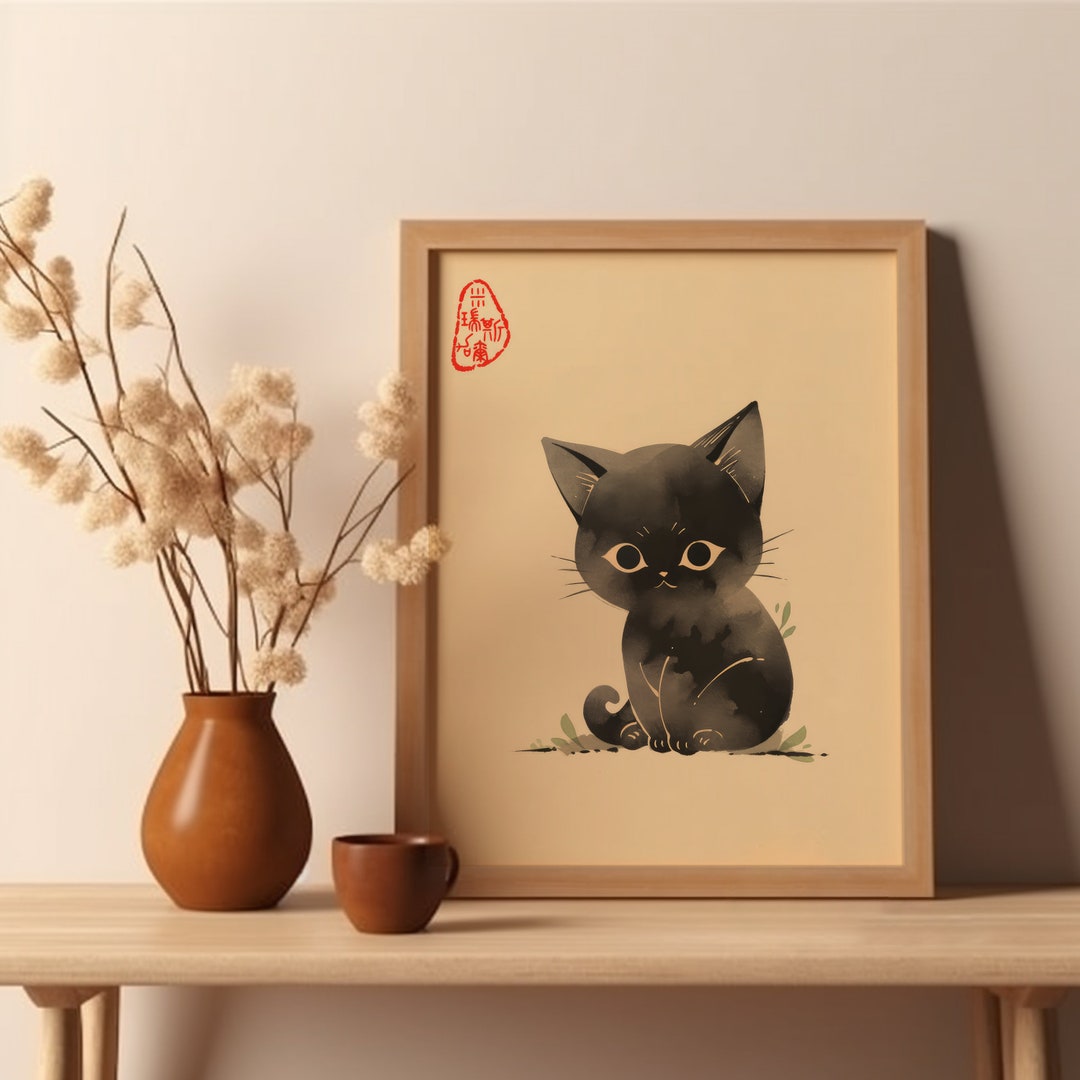 Cute Cat Japanese Art Print Black Cat Poster Woodblock Art Wall Decor ...