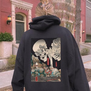 Tokyo Streetwear Skeleton Hoodie by Kuniyoshi, Vintage Japan Collection by Miresgal, Japanese Halloween Hooded Sweatshirt Dark Fantasy