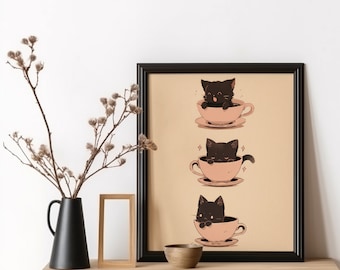 Poster chat tasse à café, art mural japonais, poster chat noir, art du café, sans cadre, chats dans une tasse