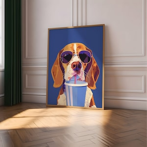 Arte divertido de la pared del beagle, regalo del amante del café, gafas de sol café perro arte impresión, cartel del bar del dormitorio del perro hipster, impresión del arte de la cocina contemporánea