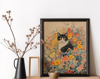 Flower Cat Painting Poster, Cat in Flowers Art, Vintage Botanical Cat Poster, Cozy Wall Art, Floral Cat Artwork, Watercolor Cat Artwork