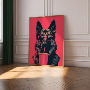 Cartel de café del pastor alemán, regalo del amante del café, gafas de sol impresión del arte del perro, arte divertido de la pared, arte divertido del perro, arte contemporáneo de la pared de la cocina