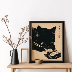 Póster de gato negro de sushi, impresión artística de Tokio, impresión de gato Oishii, arte de comida japonesa deliciosa, arte de pared de cocina, arte de pared de sushi, gato hambriento