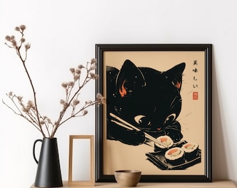 Sushi Black Cat Poster Tokyo Art Print, Oishii Cat Print, Delicious Japanese Food Art, Kitchen Wall Art, Sushi Wall Art, Hungry Cat