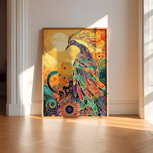 Cartel mítico del Fénix, Obras de arte de aves coloridas y vibrantes, Pájaro Fénix de fantasía, Ilustración de aves psicodélicas, Arte abstracto del Fénix japonés