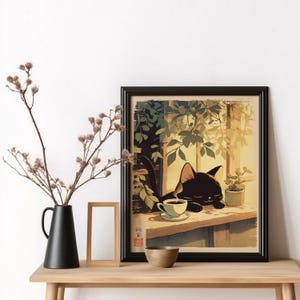 Japansk espressokatt väggkonst svart katt väggtryck kaffekatt poster japansk kökskonst kaffebar kaffekatttryck miresgal väggkonst