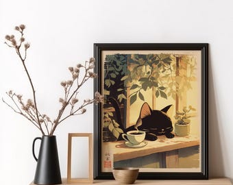 Japanese Espresso Cat Wall Art Black Cat Wall Print Coffee Cat Poster Japanese Kitchen Art Coffee Bar Coffee Cat Prints Miresgal Wall Art