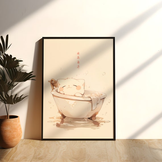 Cat in Bathtub Japanese Art Cat Lover Poster Japanese Bathroom Print Cat Bathroom Decoration Funny Cat Art Fun Wall Art Cat Bath