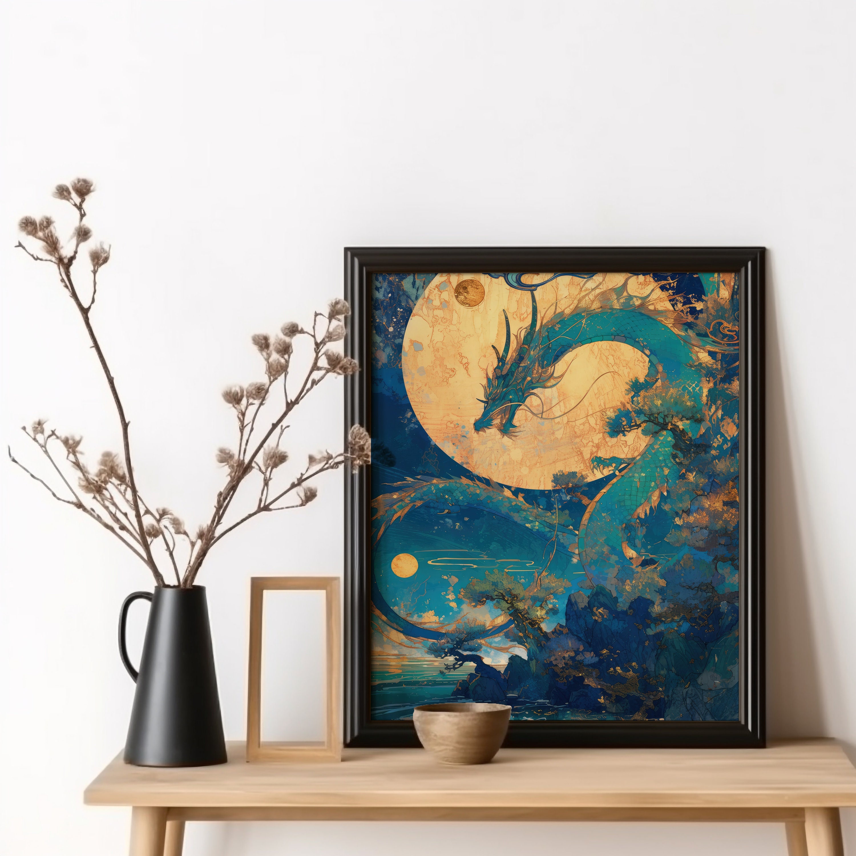 Blue and Gold Dragon Wall Art Print Poster, Dragon Art Chinese Zodiac ...