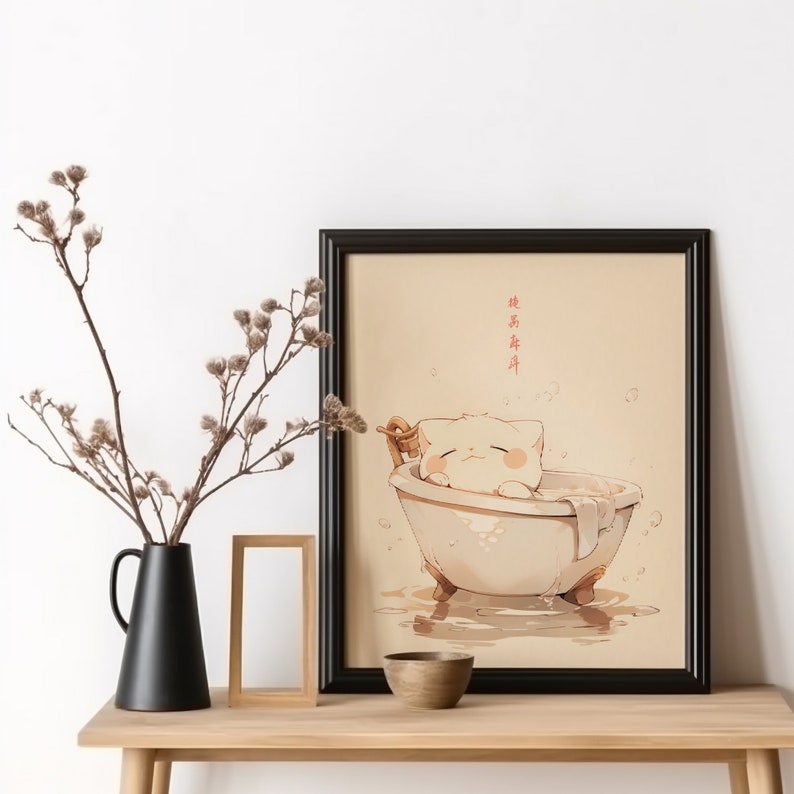 May include: A framed illustration of a white cat taking a bath in a bathtub with a light brown background. The text "新年快乐" is written in red on the top right corner of the image.