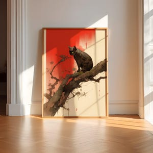 Arte estilo gato negro vintage, cartel del gato negro de Tokio, impresión minimalista del gato negro Ukiyo-e, decoración de la pared del dormitorio, cartel del gato japonés