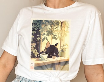 Japanese Shirt Espresso Cat Kawaii Black Cat T-Shirt Coffee Cat Tee Japanese Art Shirt Coffee Cat Tokyo Aesthetic Miresgal Apparel