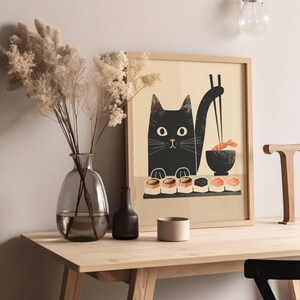 Japanese Sushi Cat, Black Cat Print, Gift for Cat Lover, Kitchen Wall ...