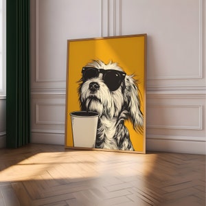 Funny Dog Wall Art, Coffee Lover Gift, Sunglasses Coffee Dog Art Print, Hipster Dog Dorm Bar Poster, Kitchen Art Print