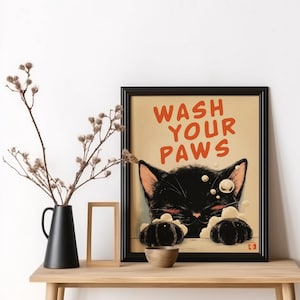 Wash Your Paws Cat Bathroom Art Japanese Cat Wall Art Home Decor Black Cat Lover Gift Cat Lady Gift Kawaii Anime Cat Print