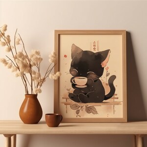 Kaffekattposter, japansk katt som dricker kaffe, väggdekoration i köket, kattkonsttryck, animekatt, presenter till kattälskare bild 3