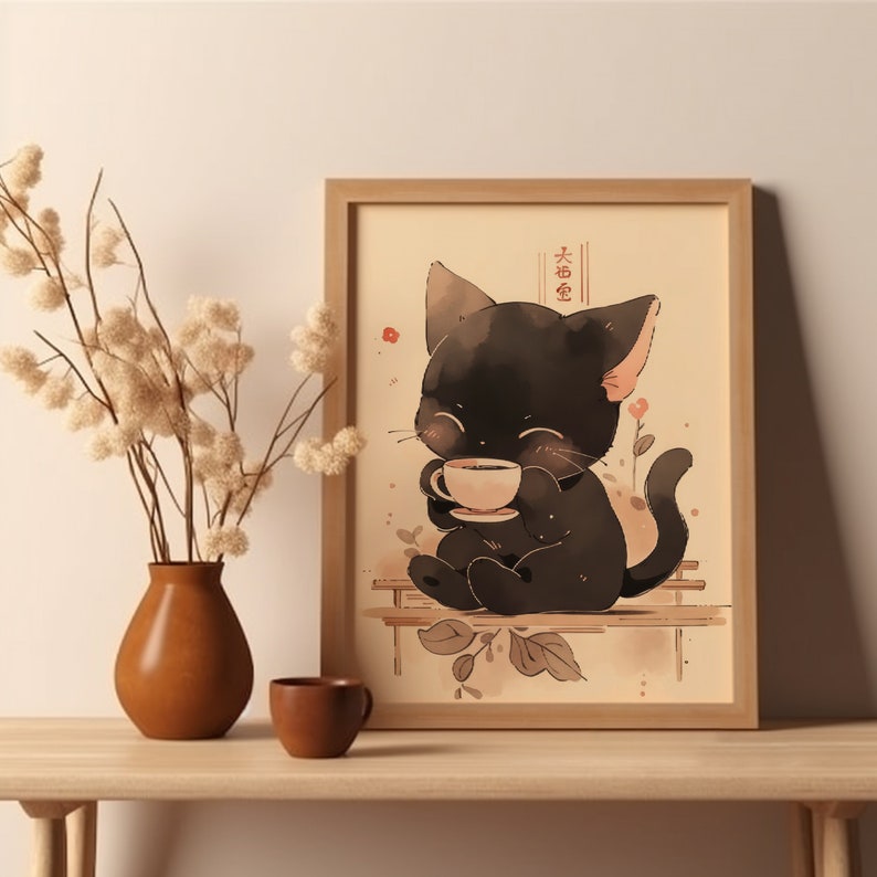 Kaffekattposter, japansk katt som dricker kaffe, väggdekoration i köket, kattkonsttryck, animekatt, presenter till kattälskare bild 3