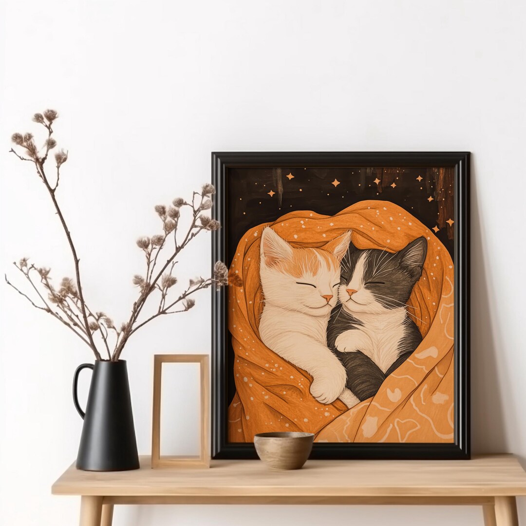 Loving Kittens Wall Art, Pair of Kittens Sleeping in Blanket Art, Cozy ...