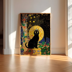 Black Cat Klimt Inspired Original Cat King Wall Art Poster Modern Symbolism Fantasy Art Poster Klimt Miresgal