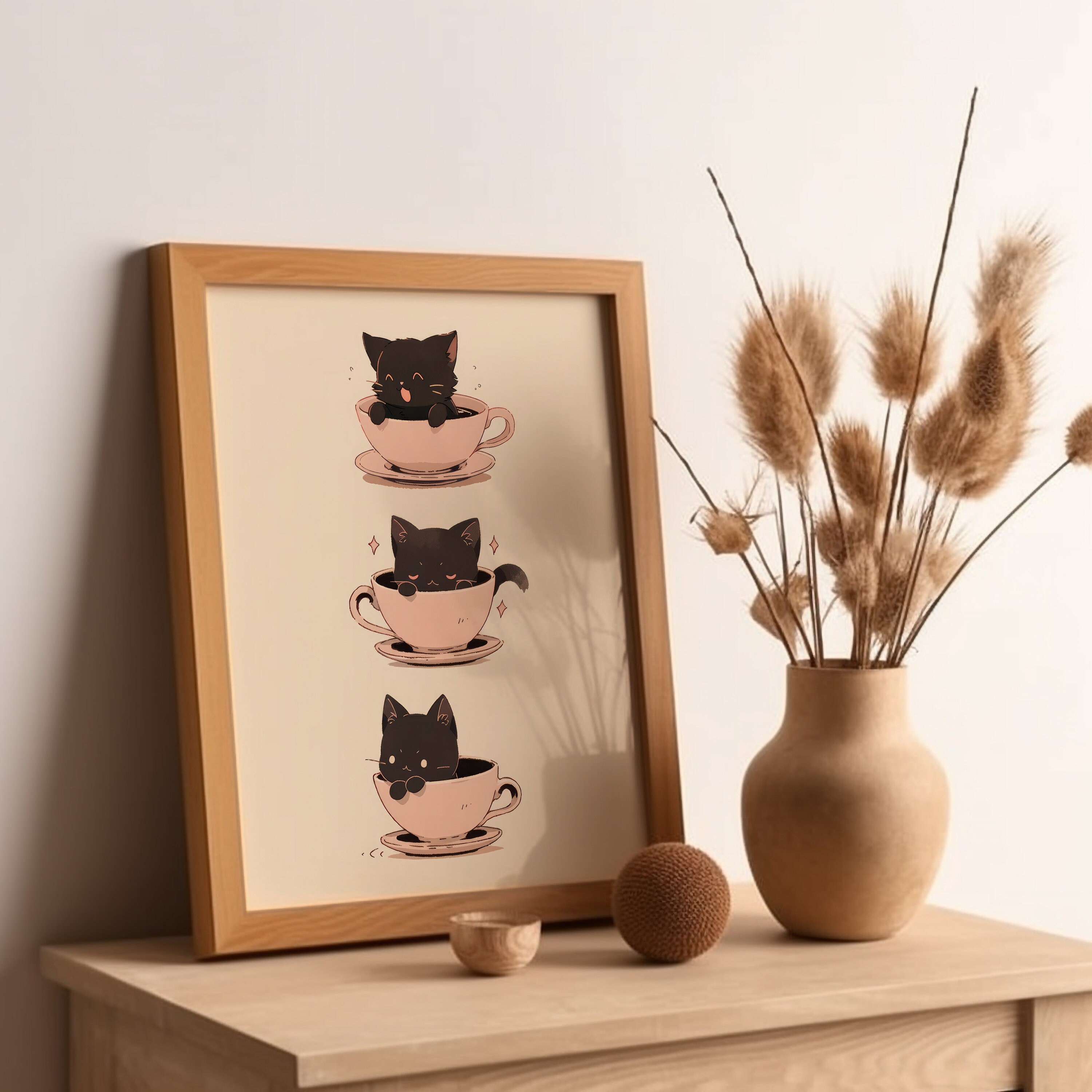 Coffee Cup Cat Poster, Japanese Wall Art, Black Cat Poster, Coffee Art ...