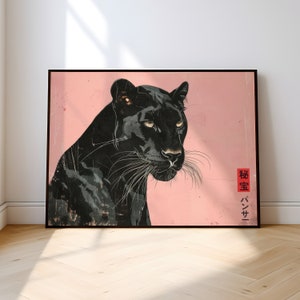 Japanese Black Panther Art Print, Ukiyo Woodblock Style Poster, Japanese Wall Art Pink Background Animal Artwork Minimal Panther Art