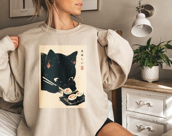 Oishii Sushi Cat Sweatshirt, Japanese Delicious Sweatshirt, Japanese Aesthetic, Sushi Lover Gift, Tokyo Black Cat Sweater, Cat Lover Gift