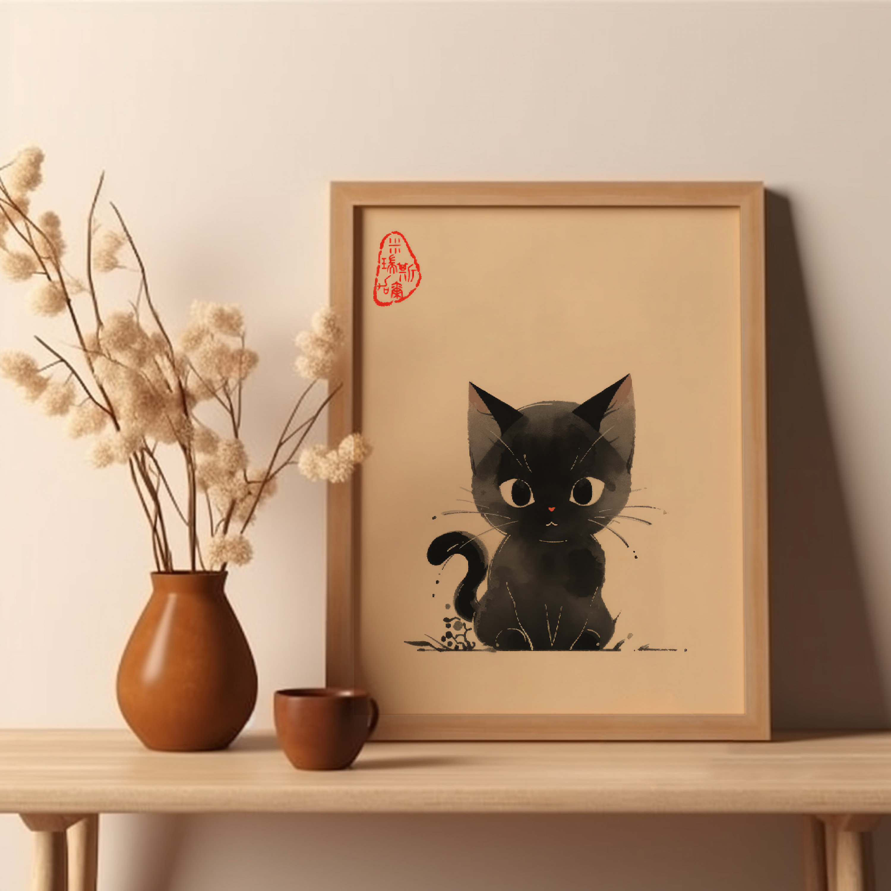 Japanese Cat Art Print Cute Black Cat Poster Woodblock Art Wall Decor ...