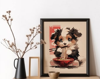 Australian Shepherd Ramen Poster, Japanese Noodles Dog Art Print, Japan Food Art, Kitchen Wall Art, Dog Lovers Gift, Funny Dog Art
