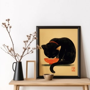 Bowl of Rice Cat Art, Tokyo Black Cat Rice Art Print, Japanese Food Asian Poster, Kitchen Wall Art, Minimalist Food Art, Minimalist Cat Art